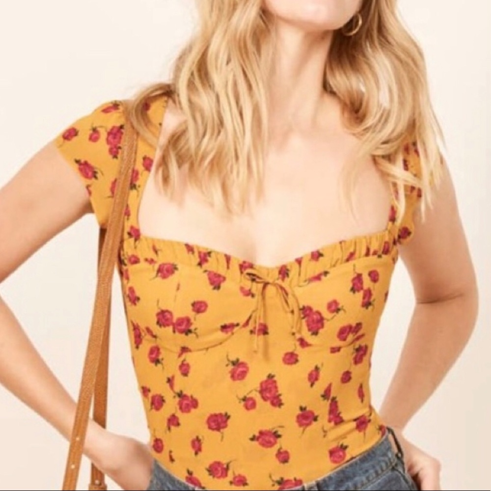 Reformation Mustard Yellow Floral Tie-Front Tank
